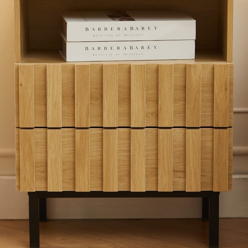 Mid Century Woodgrain Nightstand Pair 2 Drawers Bedside Table