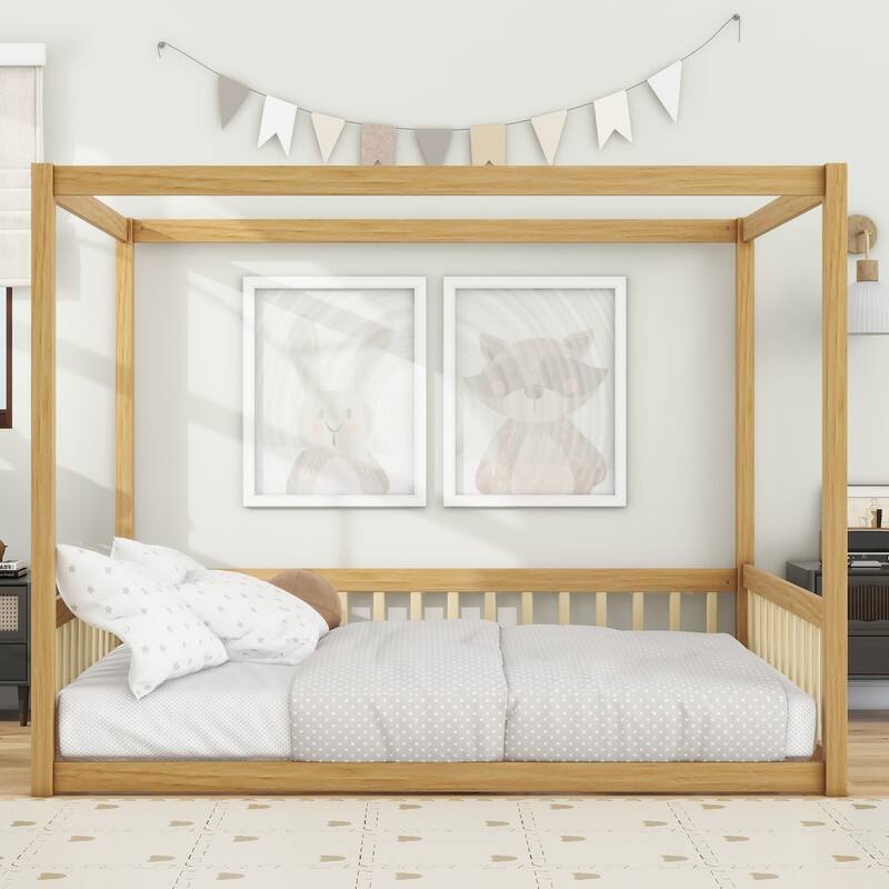 Full Size Rubber Wood Floor Bed Canopy Bed with Fence,Guardrails