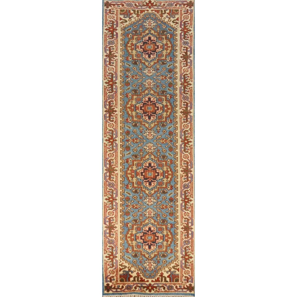 Light Blue Traditional Heriz Serapi Runner Rug Handmade Wool Carpet - 2'5" x 9'9"