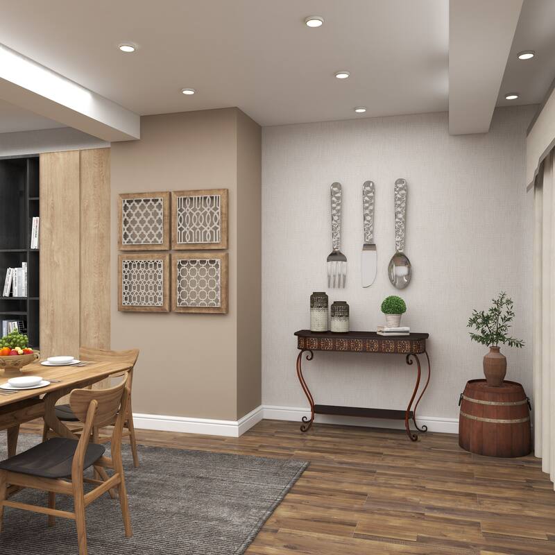 Brown Metal Embossed 1 Shelf Floral Console Table with Ornate Scroll Legs