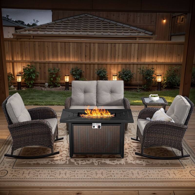 Gymojoy Outdoor Fire Pit Conversation Set, Loveseat Glider Sofa & Chairs - Patio Furniture Set - 5-Piece included Rocking Chairs - Beige