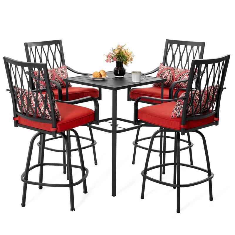 Outdoor 5PCS Metal Swivel Bar Set with Umbrella Hole and Padded Cushions