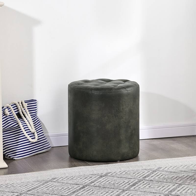 Adeco Round Ottoman Upholstered Tufted Faux Leather Footrest