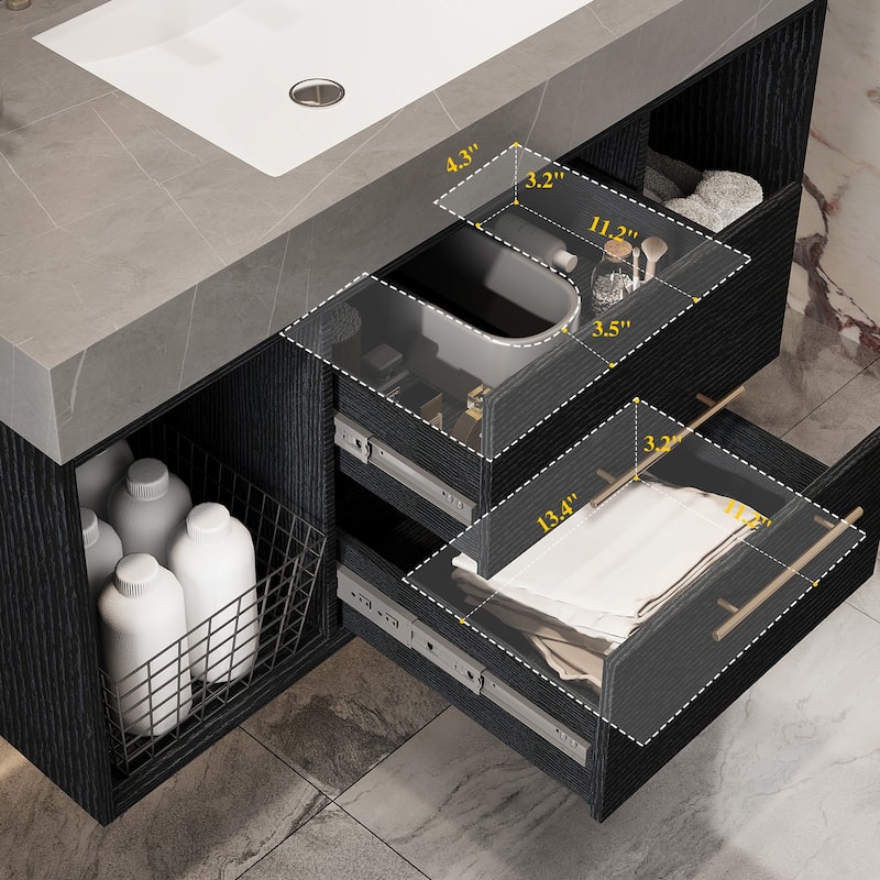 GDFStudio - Modern 39.4" Wall Mounted Floating Sintered Stone Bathroom Vanity with Seamless Ceramic Sink & Soft-Close Drawers