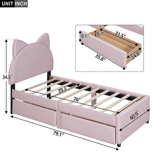 Twin Upholstered Platform Bed with 2 Drawers, Cute Wood Bed Frame Cartoon Ears Shaped Headboard, No Box Spring Required Pink