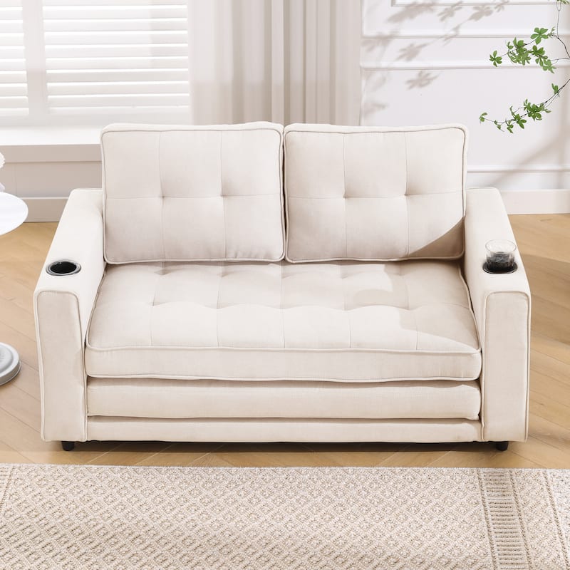 Foldable Tufted Loveseat with Pull Out Bed and Side Pockets