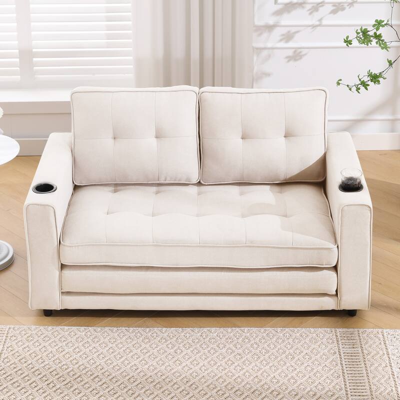Upholstered Futon Sofa Convertible Sofa Bed Tufted Loveseat wFolding Mattress, Cup Holder & Pockets 2-seat Armchair