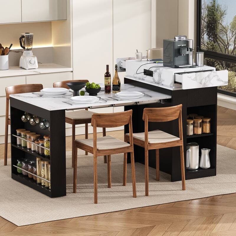 Extendable Kitchen Island Dining Table with Power Outlet, Rolling Sideboard with Folding Tabletop & Drawers