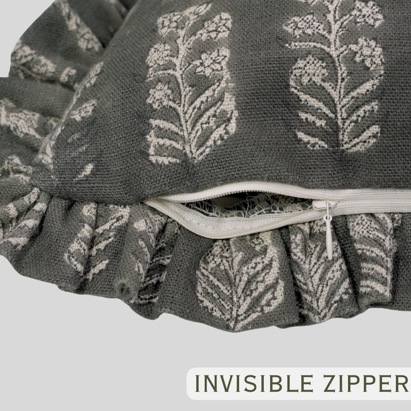 Fabdivine Heavy Linen Floral Ruffled Both Side Cushion Cover Home Décor Accent