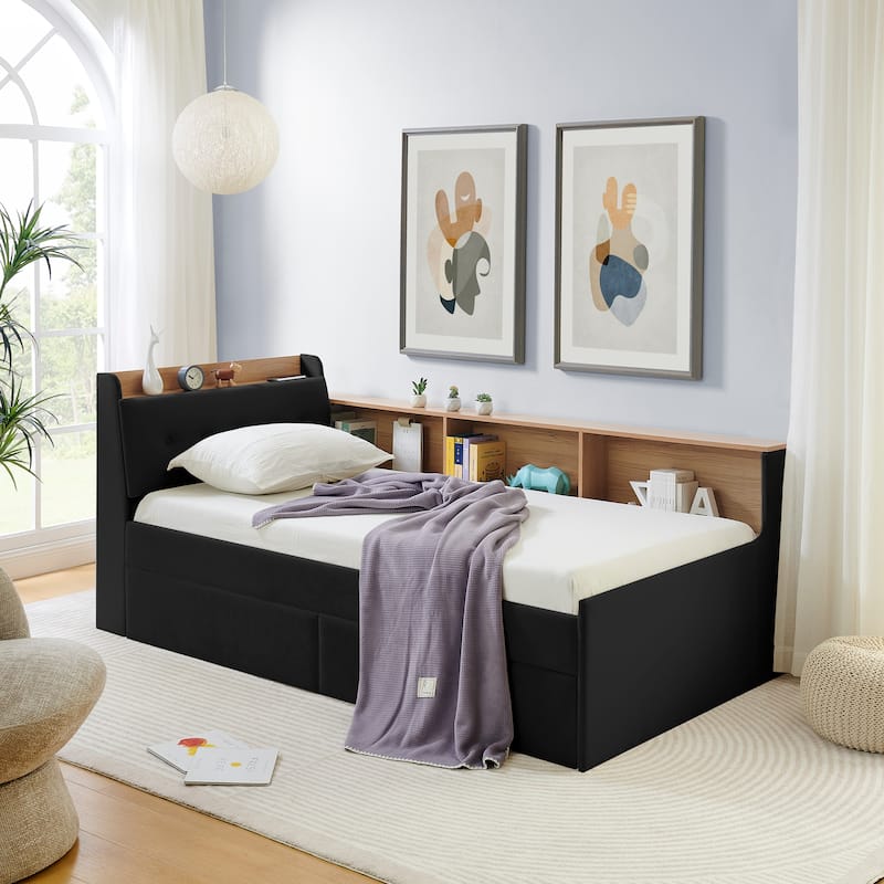 Roomfitters Twin Daybed with Storage Headboard, Wireless Charging, Drawers & Lighting, Velvet Upholstery