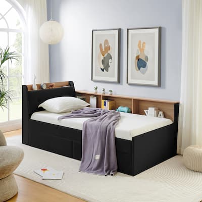Twin Size Day Bed with Storage Headboard and Wireless Charging, Multi-functional Daybed with Two Storage Drawers & LED Lights