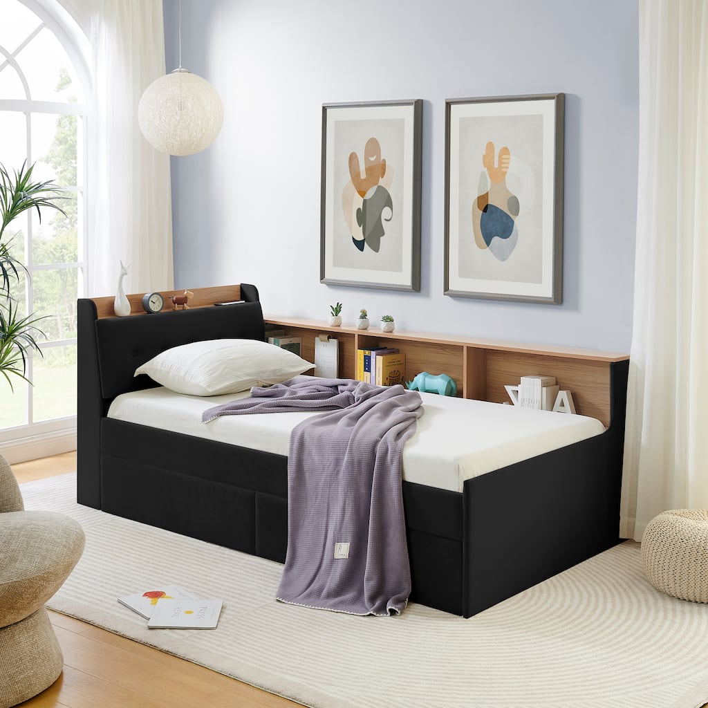 Twin Size Day Bed with Storage Headboard and Wireless Charging, Multi-functional Daybed with Two Storage Drawers & LED Lights