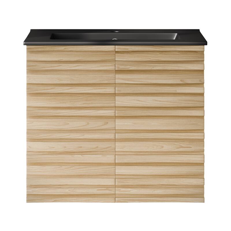 Cascade 24" Wall-Mounted Bathroom Vanity In Natural Oak With Black Sink Top - 24
