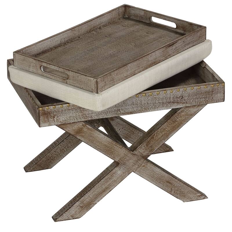 Cortesi Home Lupin Distressed Wood Tray Top Ottoman with Beige Fabric Top