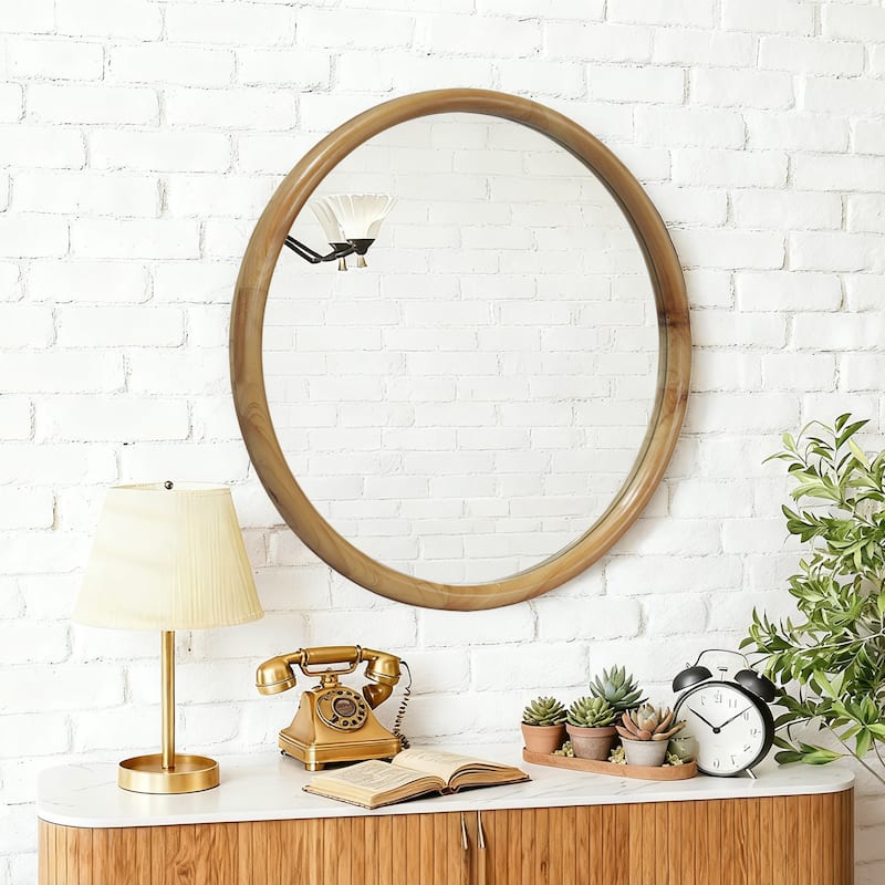 Round Natural Wood Frame Wall Mirror - Mid-Century Modern Decor for Bathroom, Entryway - Natural Wood