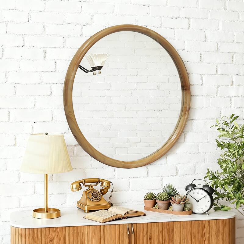 Round Wood Framed Wall Mirror, 23.62" Natural Wooden Circle Mirror for Bathroom, Bedroom, Entryway, Mid-Century Modern