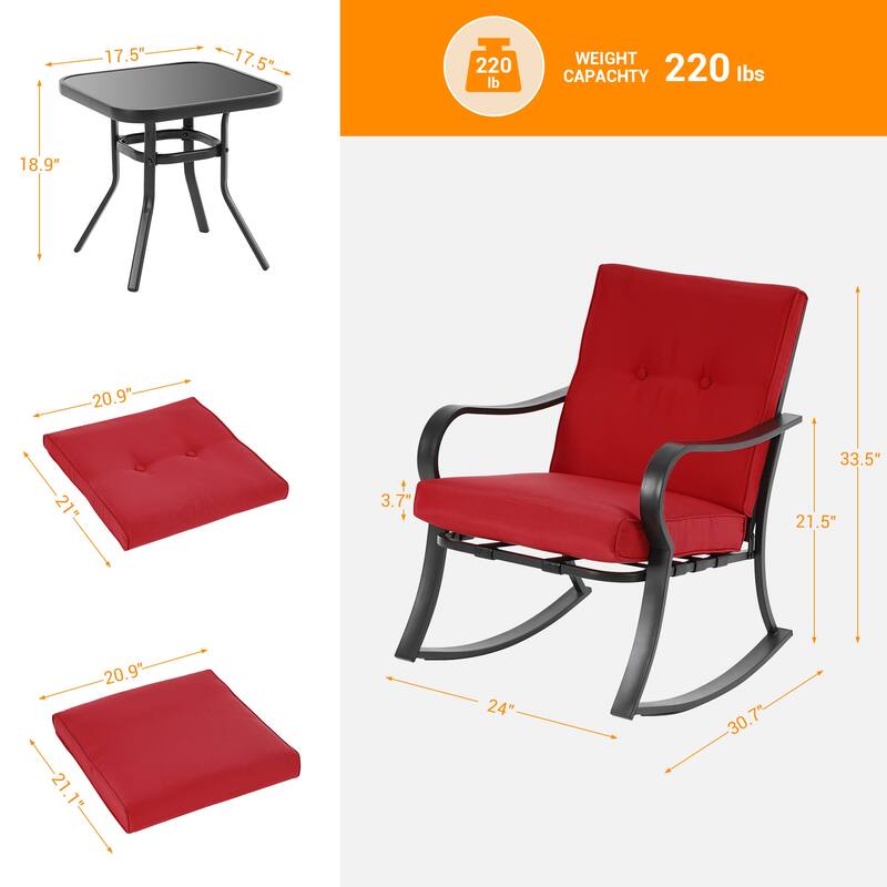 BONOSUKI 3 Pcs Outdoor Rocking Bistro Set Chat Set with Side Table