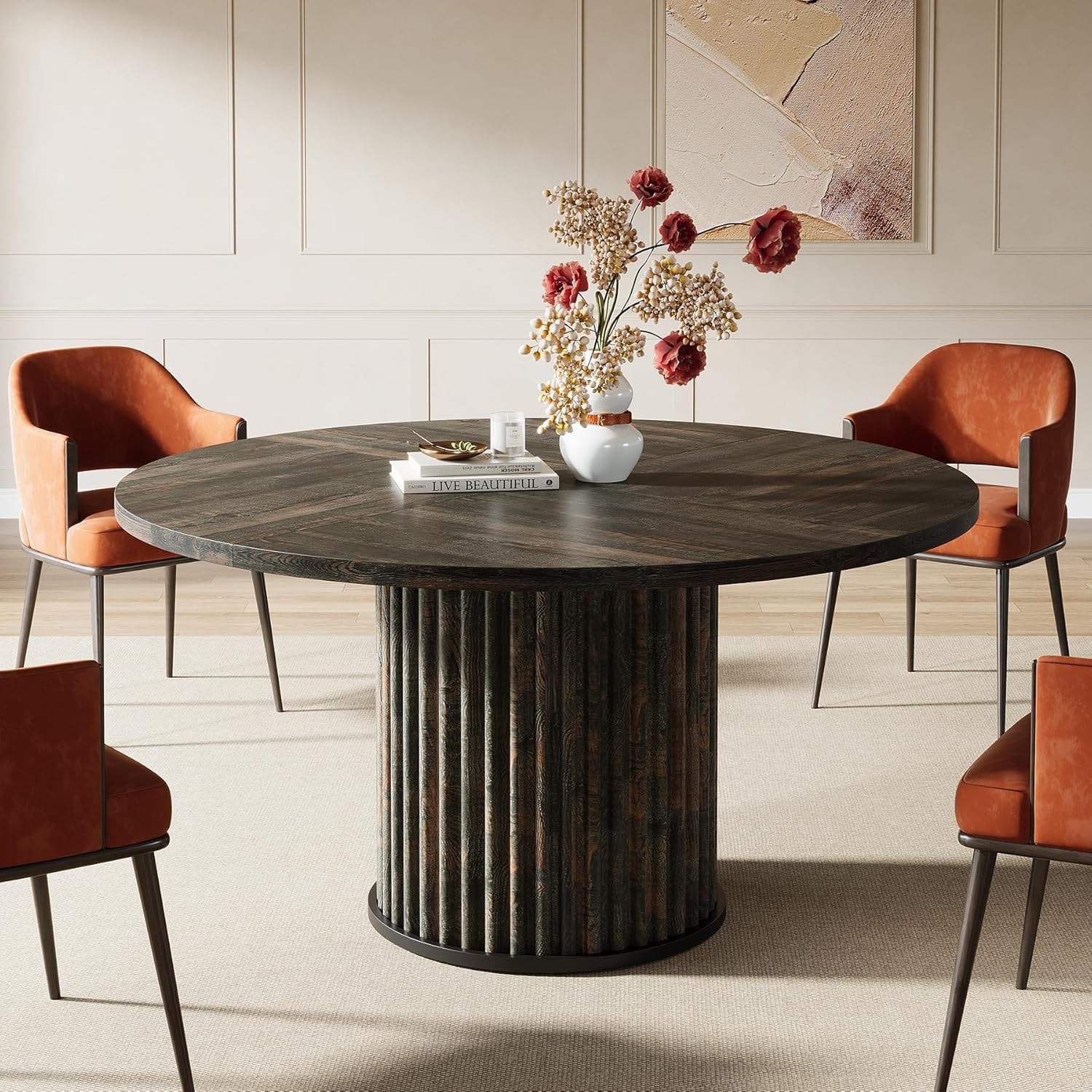 47'' Round Dining Table Kitchen Table with Sturdy Fluted Metal Base