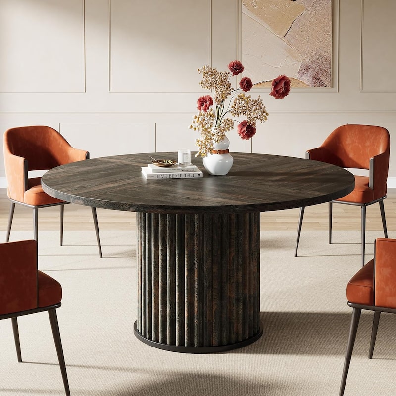 47.2 Inch Round Kitchen Dining Table for 4-6, Fluted MDF + Metal Base