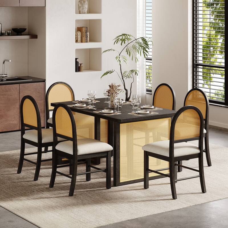 7-Piece Farmhouse Dining Table Set for 6 - 59.8" Rectangular Dining Table with Distressed Oak Veneer and 6 Rattan Chairs - Beige,Espresso