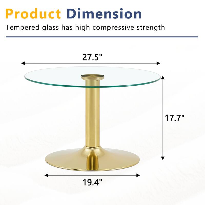Roomfitters 27.5-Inch Round Tempered Glass Coffee Table, Metal Base, Circular Center Table, Modern Minimalist