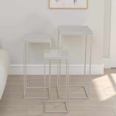 Plant Stand Table Set of 3, White Marble, Metal Frames, Square Tops