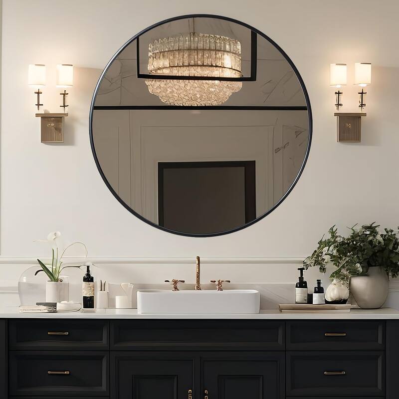39 Inch Metal Framed Round Bathrrom Mirror for Wall - Black