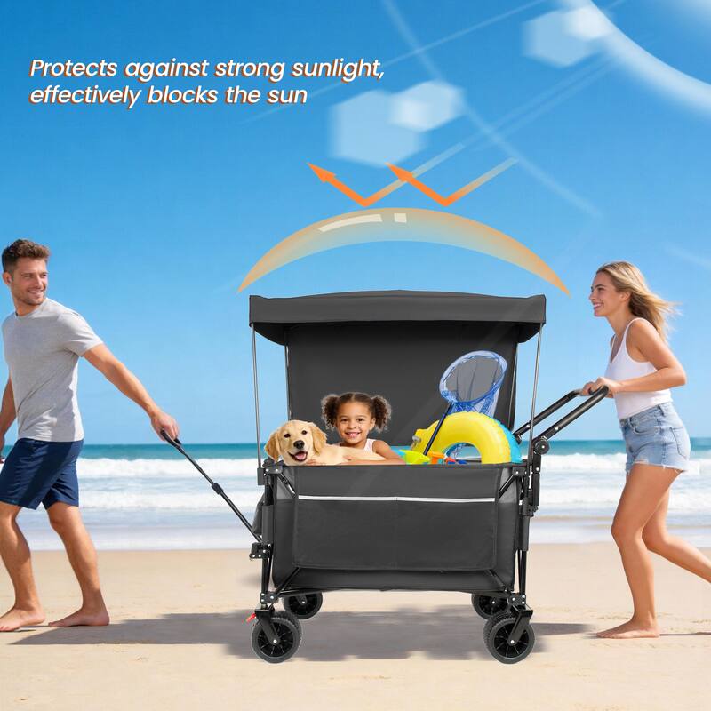 Multi-Functional Push-Pull Folding Wagon Cart with Rotating Handle & Canopy,7"x4"All-Terrain Wheels & Brakes,300L Large Capacity