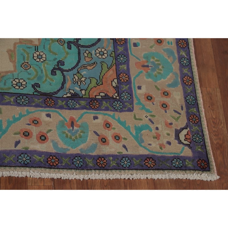 Traditional Tabriz Persian Vintage Rug Handmade Beige Wool Carpet - 6'7" x 9'3"