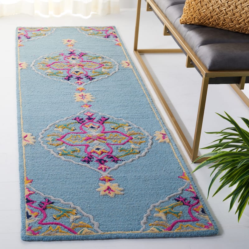 SAFAVIEH Handmade Bellagio Cailin Medallion Wool Rug - 2'3" x 11' Runner - Light Blue/Multi
