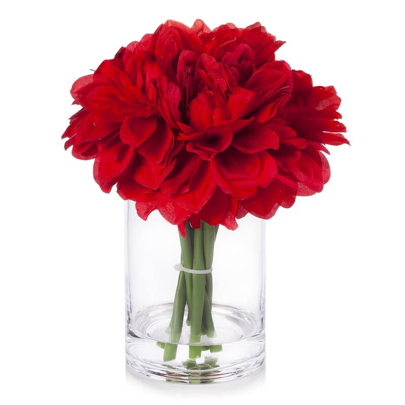 Enova Home Artificial Silk Dahlias Fake Flowers Arrangement in Clear Glass Vase with Faux Water For Home Decoration - Red