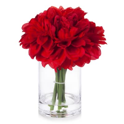 Enova Home Artificial Silk Dahlias Fake Flowers Arrangement in Clear Glass Vase with Faux Water For Home Decoration