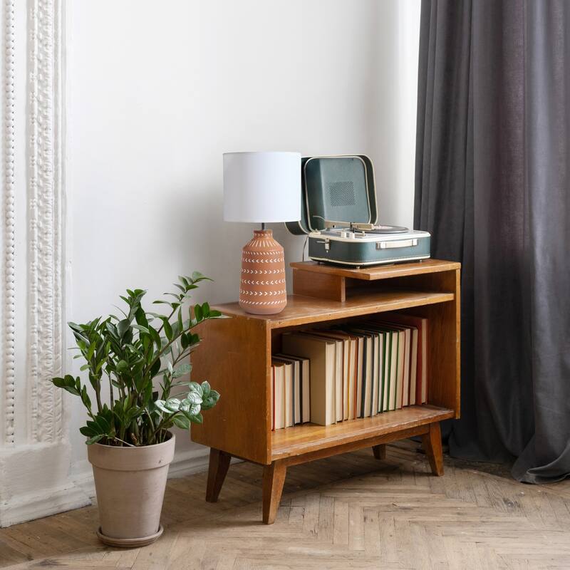 Tribal Style Ceramic Table Lamp with White Drum Shade - 17" - Terracotta Brown