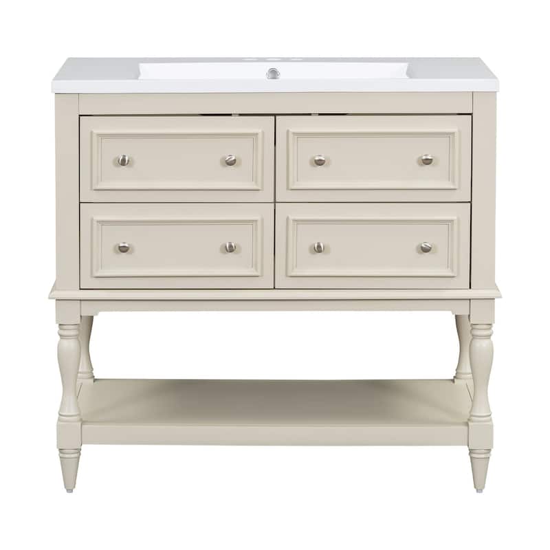 36 inch MDF Freestanding Bathroom Vanity with Integrated Ceramic Sink and Drawers - 36'' x 18'' x 34''