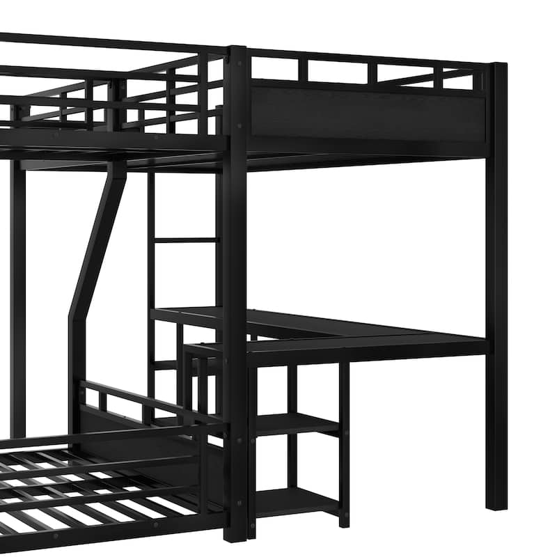 L-shaped Triple Bunk Bed with Loft Bed and Bunk Bed, Metal Storage Bed Frame with Integrated Desk, Open Shelves and Slide