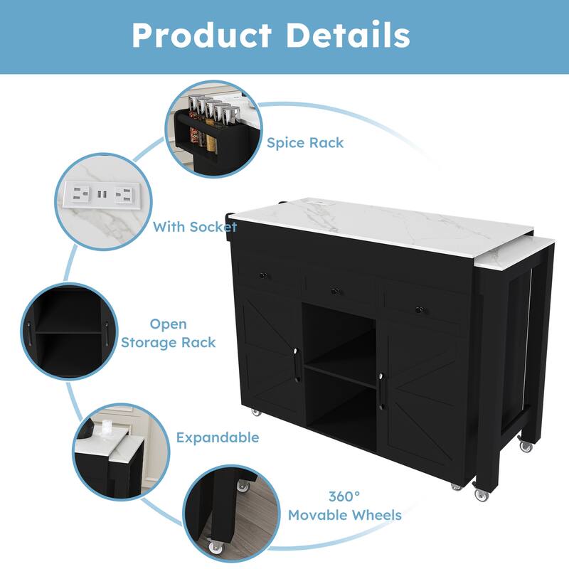 Anmytek Expandable Kitchen Island Cart,Black Storage Mobile Prep Station with Outlets Modern