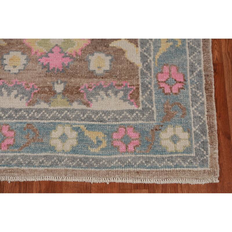 Hand Knotted Oriental 100% Wool Carpet Transitional Floral Brown Oushak Runner Rug - 14' 11'' X 3' 2''