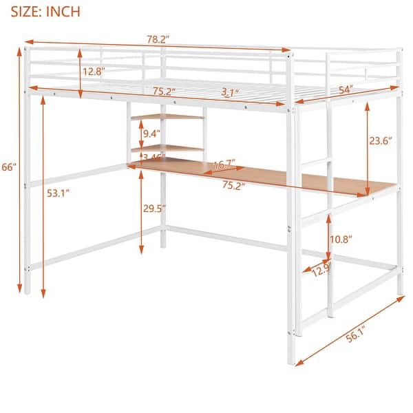 dimension image slide 0 of 2, Useful Design Metal Loft Bed With Two Shelves and Built-in Dsek, Efficient space, Full Size