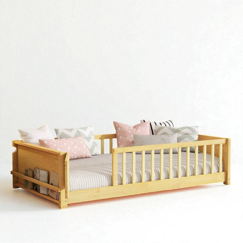 Twin Size Floor Platform Bed with Guardrails, Revolving Door and Built-in Book Rack