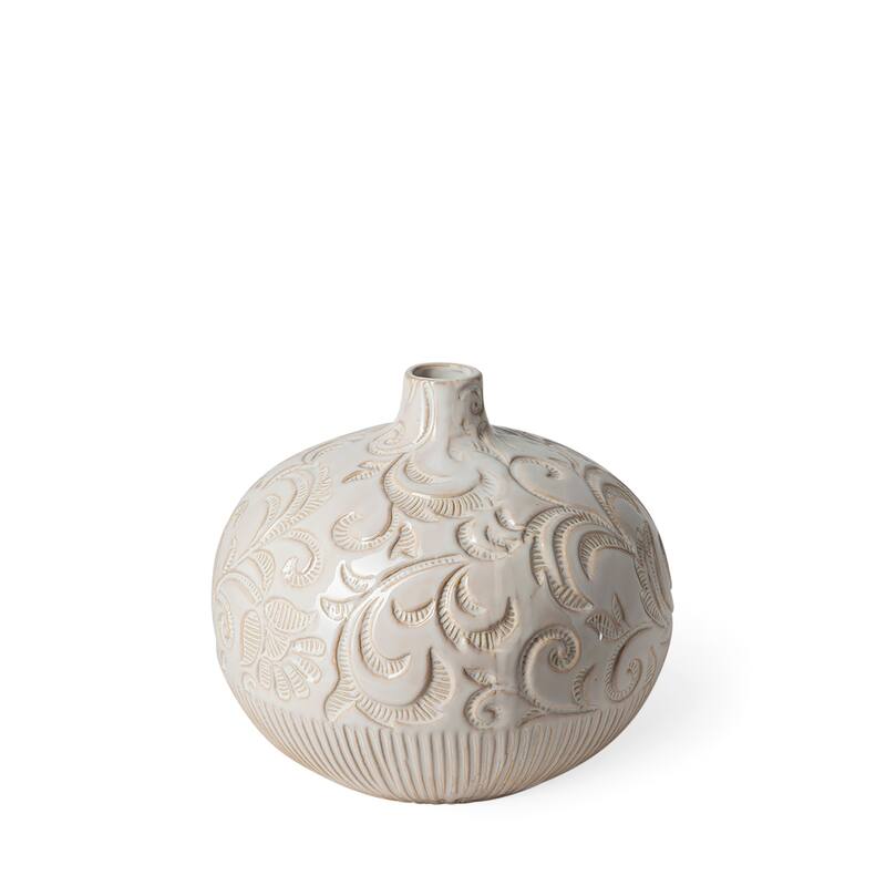 Jadiza I Small White Glaze Floral Patterned Ceramic Vase - 9.8L x 9.8W x 8.3H - White