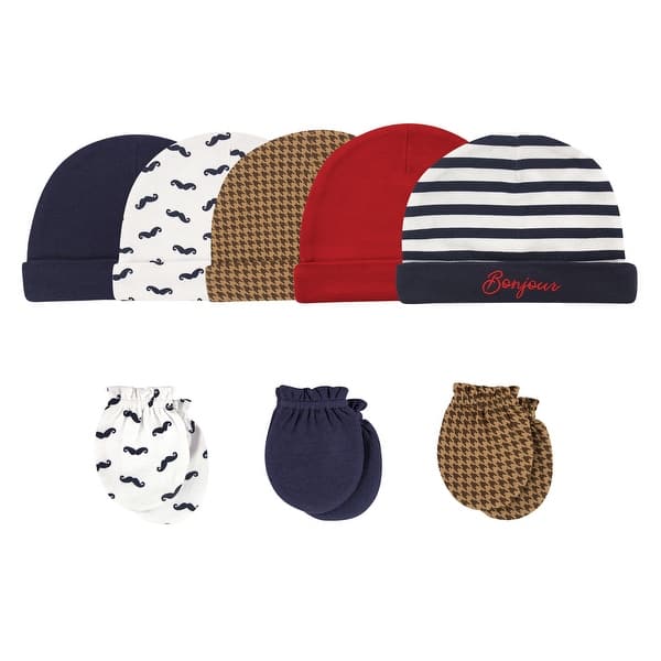 slide 1 of 1, Hudson Baby Infant Boy Cotton Cap and Scratch Mitten 8pc Set, Bonjour, 0-6 Months - Bonjour 0-6 Months - Bonjour