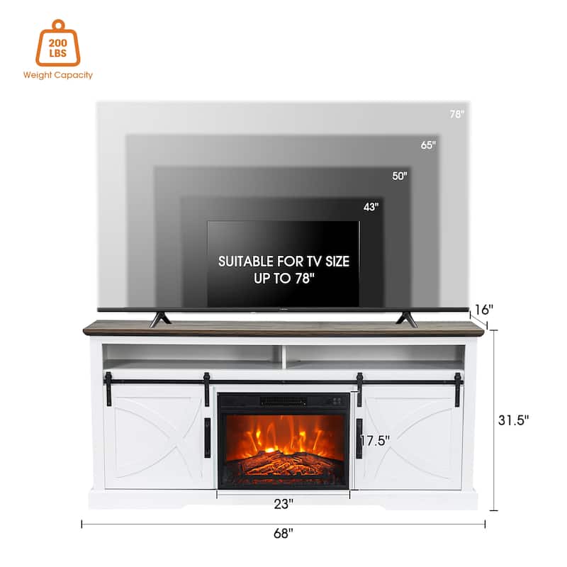 68" Farmhouse Sliding Barn Door Fireplace TV Stands Console Table with 23" Electric Fireplace