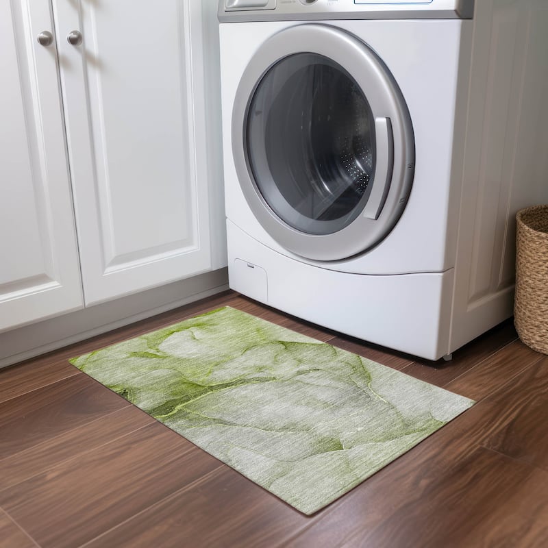 Machine Washable Indoor/ Outdoor Watercolor Chantille Rug - Olive - 1'8" x 2'6"