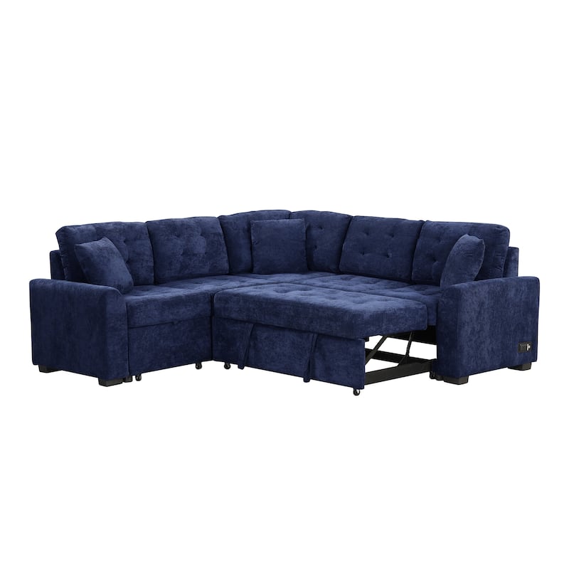 Blue 82.6" Convertible L-Shaped 5 Seater Sectional Sofa with Wheels, Pull-Out Bed, USB Ports and Power Sockets