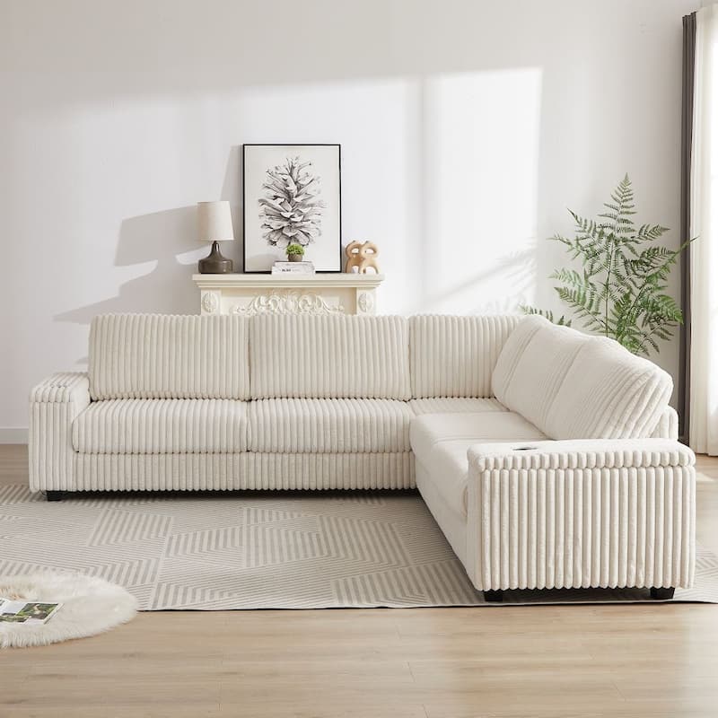 110-Inch L-Shape Oversized Corduroy Corner Sofa with Two Storage Spaces,USB Port, Type-C Port and Cup-Holder