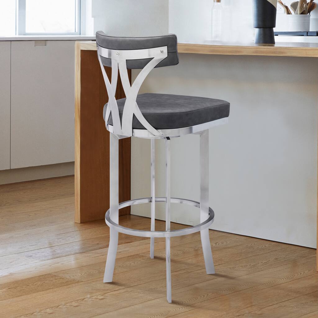 Armen Living Natalie Contemporary Barstool in Brushed Stainless Steel Coated Finish and Vintage Grey Faux Leather
