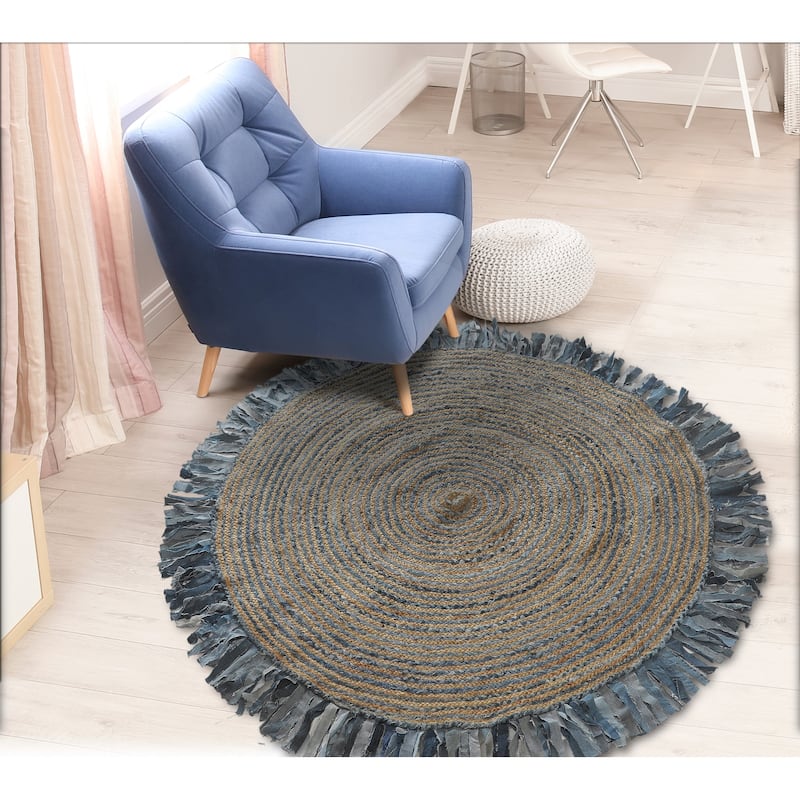 Sevita Organic Jute Braided Area Rug, Denim Blue and Natural