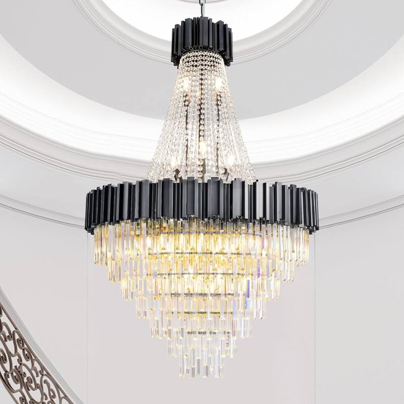 KAYLA Large Crystal Chandelier - 35.4"Modern 6-Tier 17-Light Chrome Ceiling Light, Luxury K9 Crystal - 54in - Black