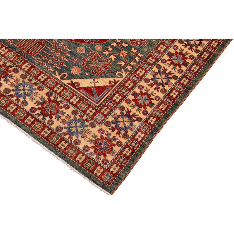 Caucasian Super Kazak Bryson Green/Beige Hand Knotted Wool Rug - 6'10'' x 9'6''