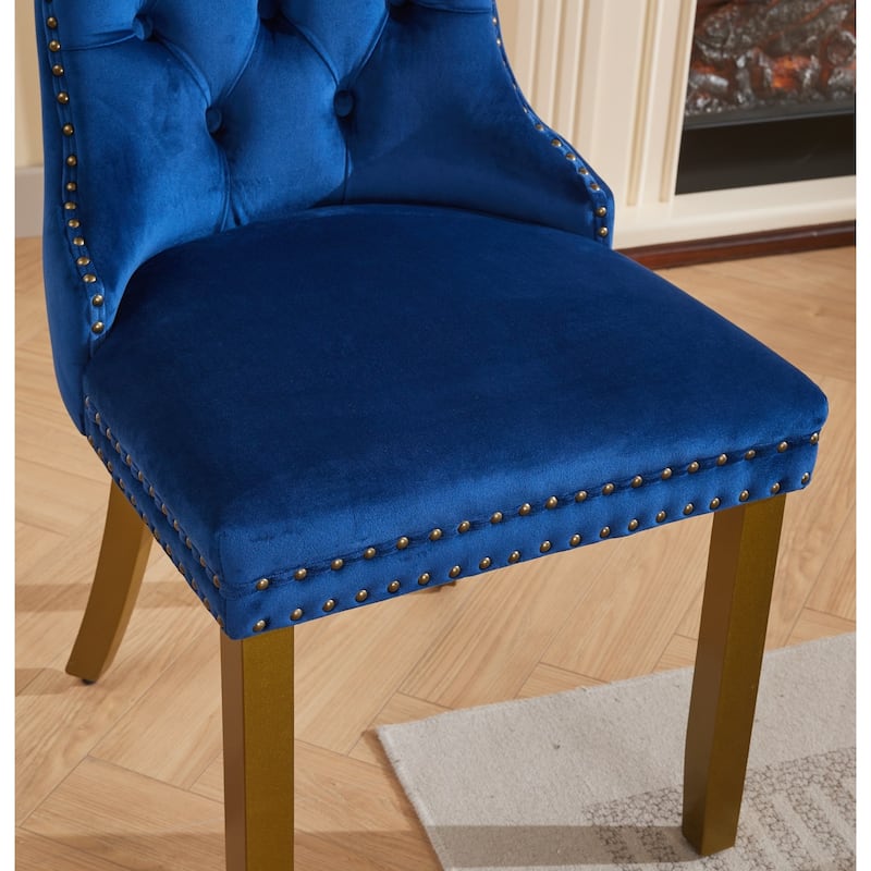 Velvet Dining Chairs Set of 2, Upholstered Dining Chairs, Mid-Century Modern Chairs with Tufted Back, Lion Pull Ring Rivet Trim